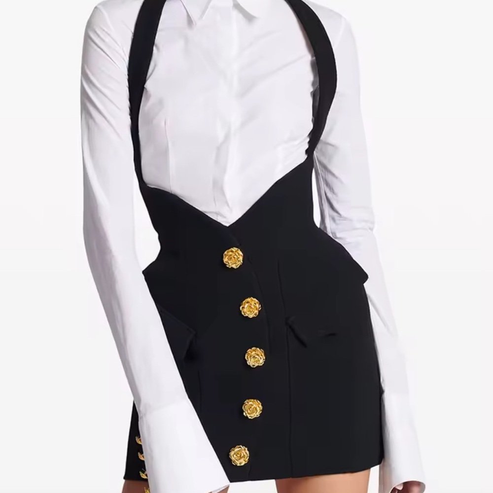 Black Halter mini Skirt with Gold Rose Flower Buttons size S